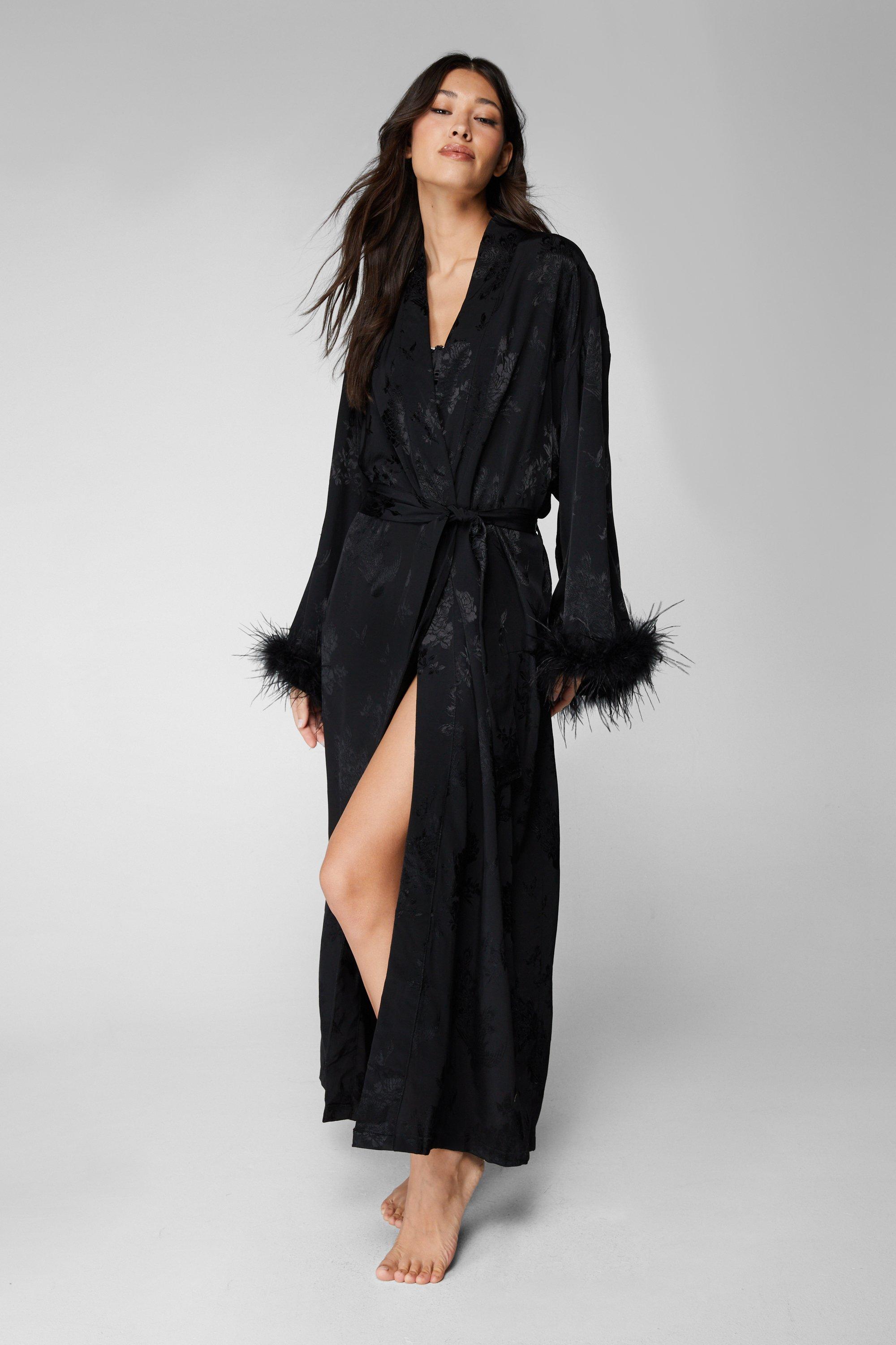 Black long sleeve Aretha midi dress with feather trim - Collagerie